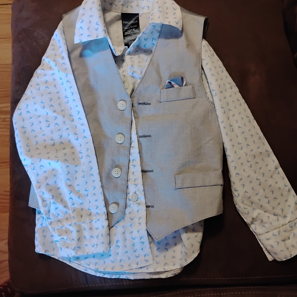 Nautica Kids White and Gray Button Down Shirt with Vest